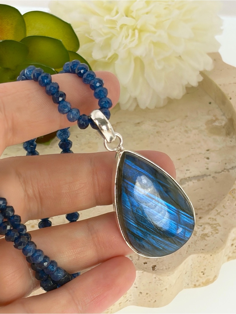 Pure Sterling Silver 925 Chunky Blue Labradorite Pendant Sapphire Necklace New - Picture 4 of 12